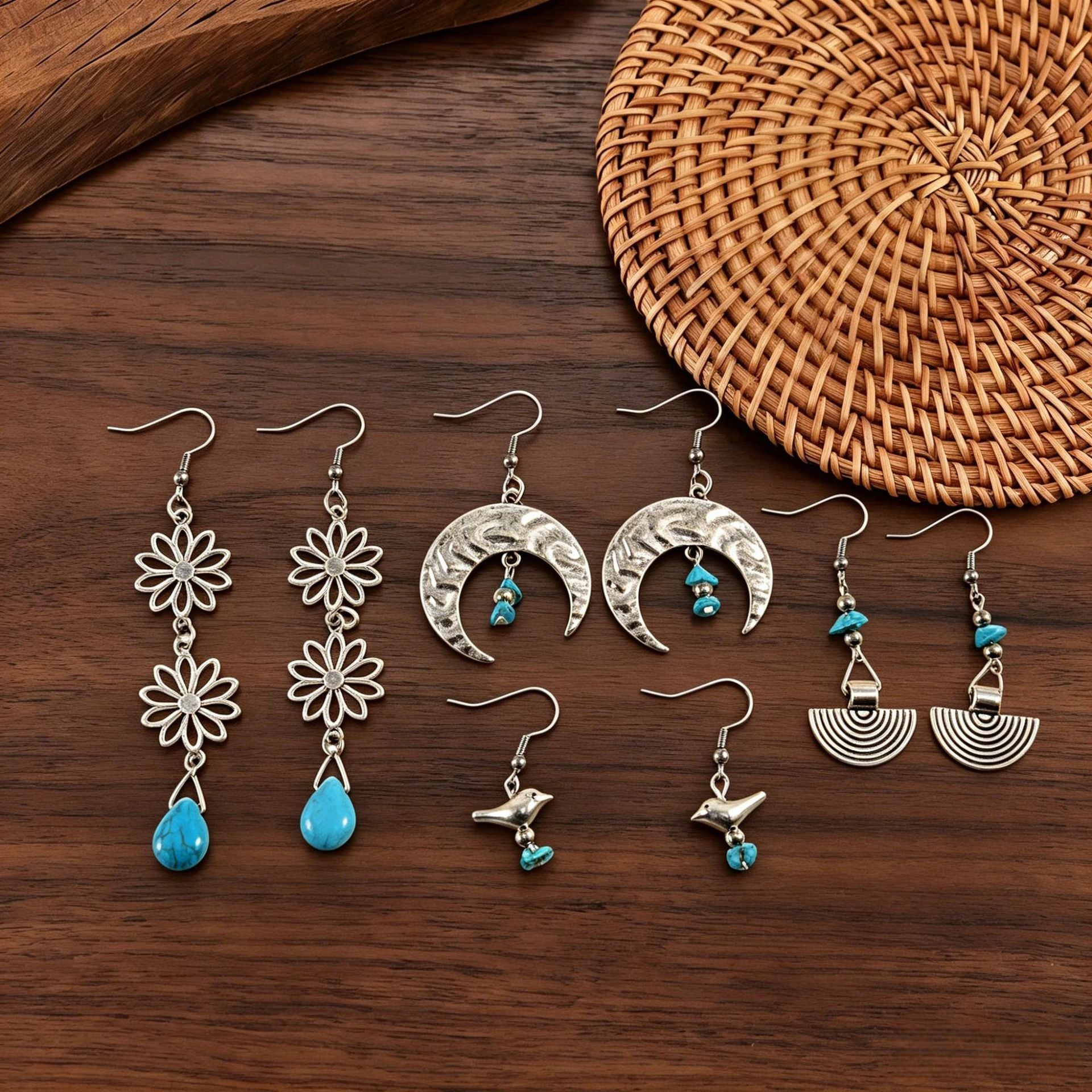 Wholesale Zinc Alloy Bohemian Moon Drop Earrings Hollow Flower Turquoise Inlay For Women Everyday Wear