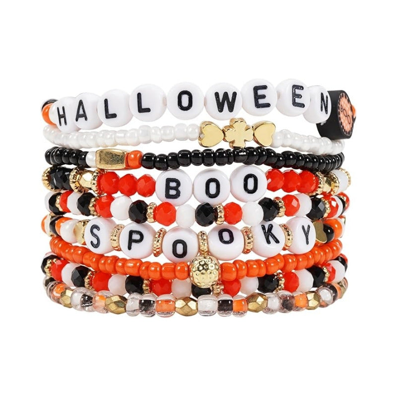 Wholesale Stylish Polymer Clay Beaded Bracelet Set,   White Ghost Theme,  7-Piece Jewelry Accessory for Boutique Resale