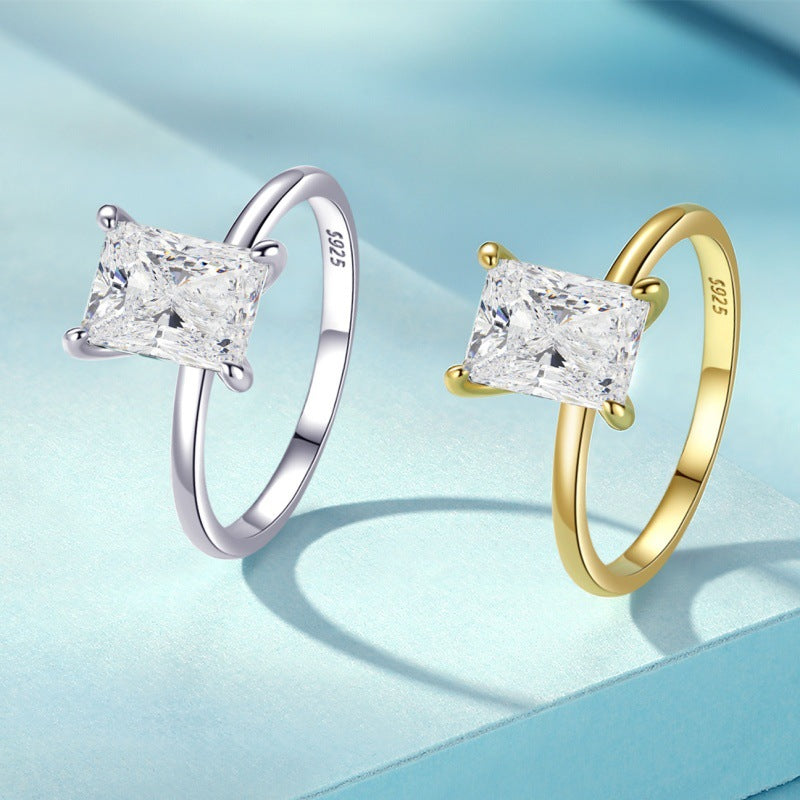 Wholesale  S925 sterling silver ice flower cut ring  luxury zircon square gold-plated ring