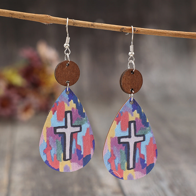 Wholesale Retro style teardrop-shaped stitching log cross wooden earrings