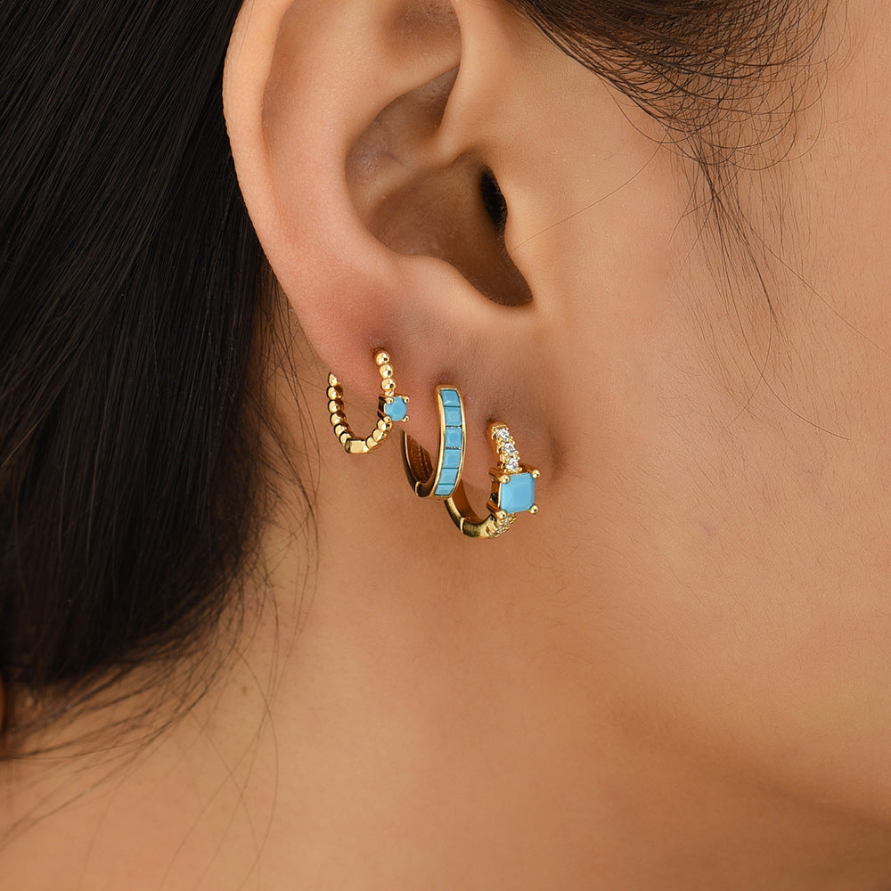 Wholesale Stainless Steel Golden Ear Buckle Set with Turquoise Small Design Earrings