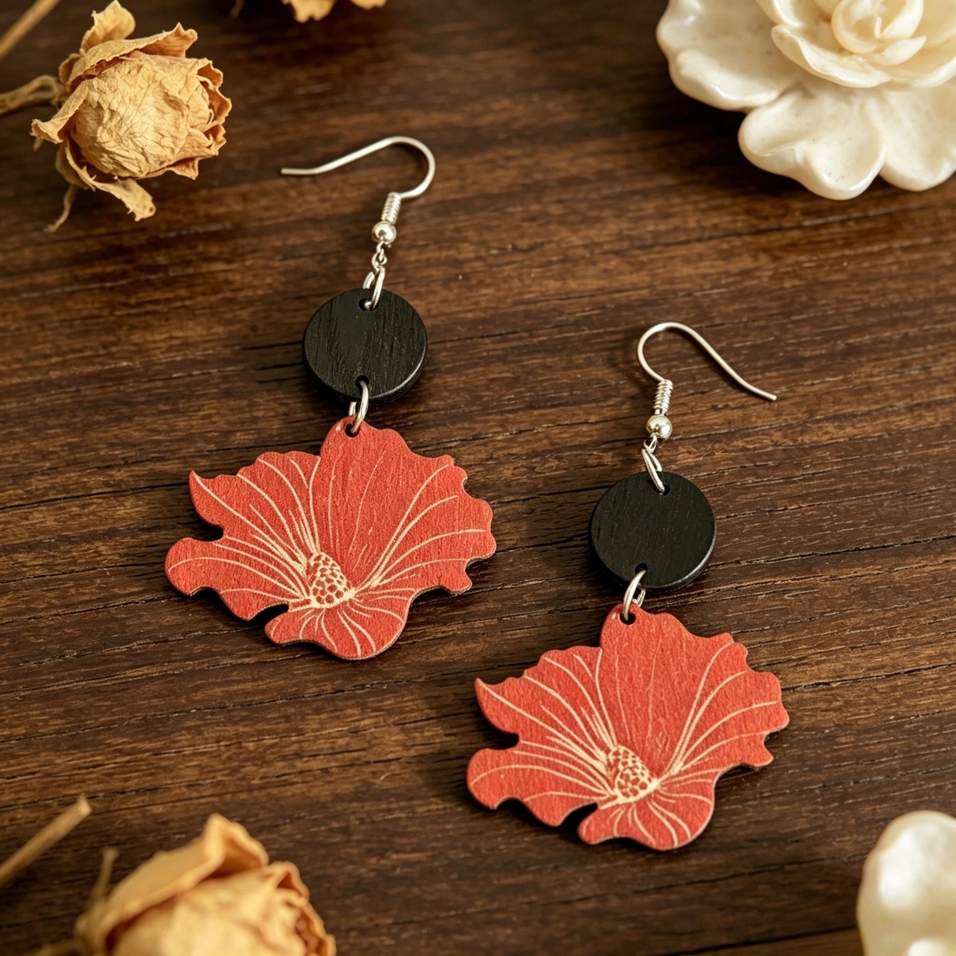 Wholesale Wooden Retro Floral Print Earrings with Hibiscus Pendants - Fashion Accessory for Resale