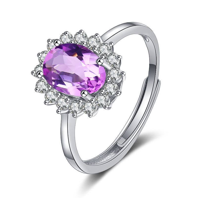 Wholesale s925 Silver Plated Red Blue Yellow Amethyst Zircon Adjustable  Open Ring