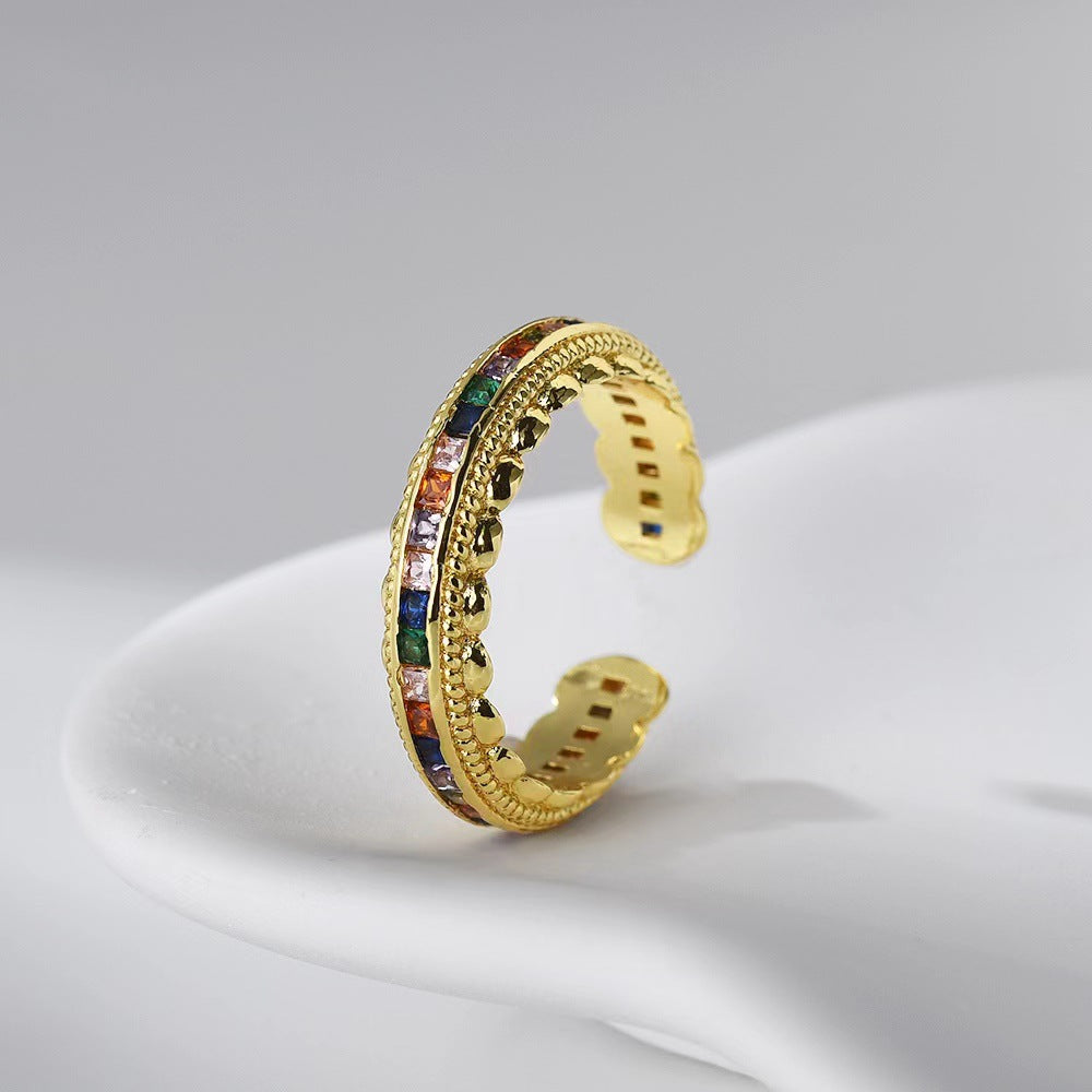 Wholesale Zircon Inlaid Rainbow Ring Light Luxury Leaf Retro Open Rings ACC-RS-YXY010