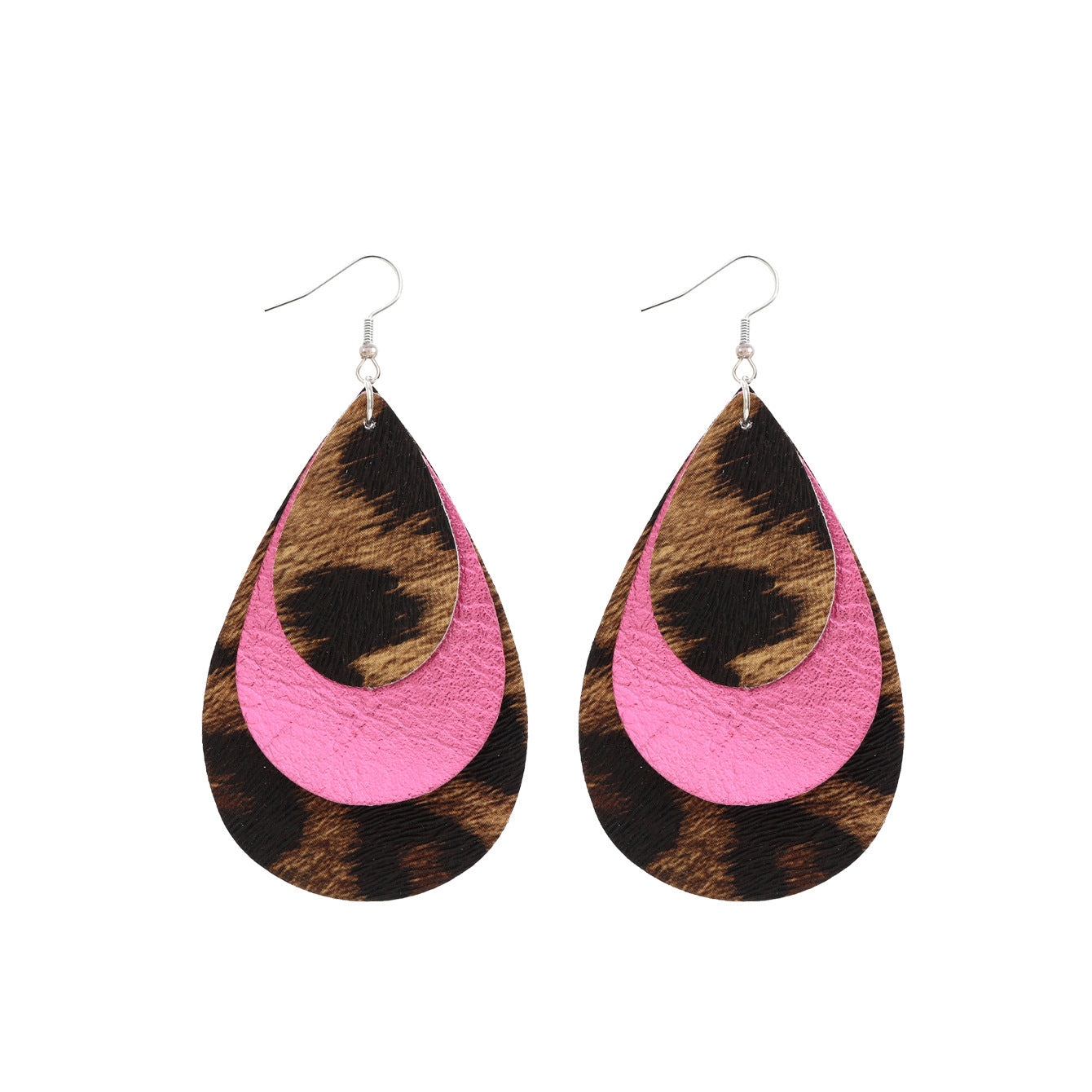 Wholesale  retro three-layer water drop leopard leather earrings