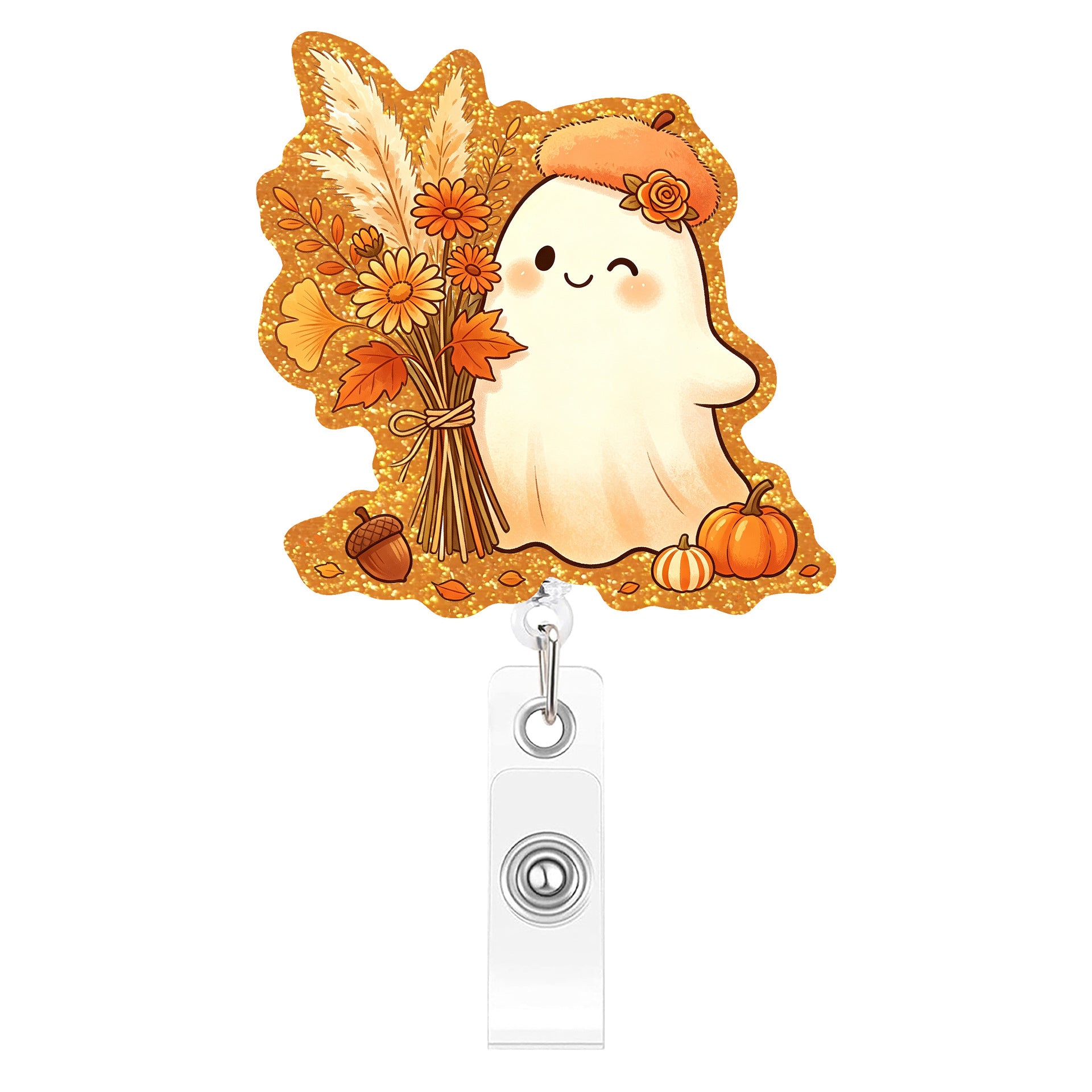 Wholesale Acrylic Gold Glitter BOO Thanksgiving Retractable Badge Reel Autumn Pumpkin Maple Leaf Design Fashion Accessory
