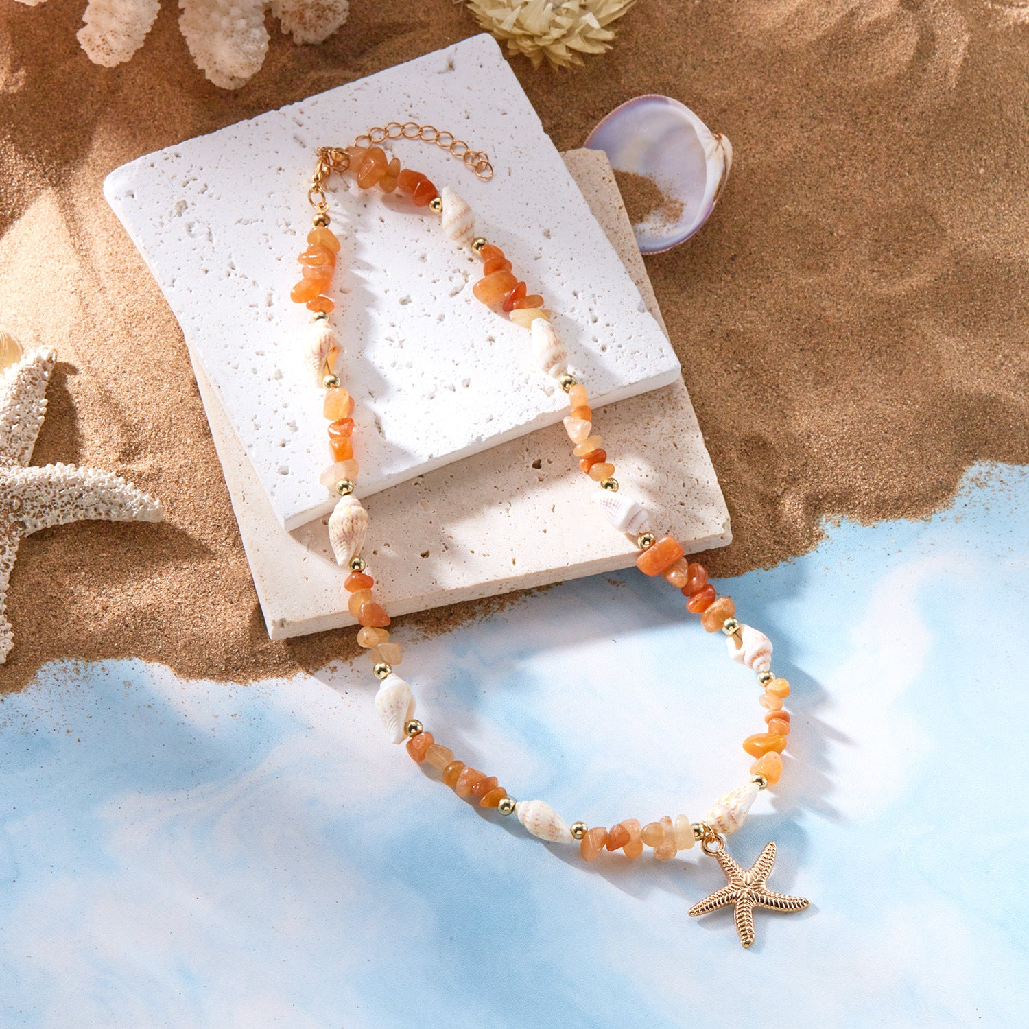 Wholesale sales new starfish jewelry Bohemian summer beach gravel starfish conch necklace