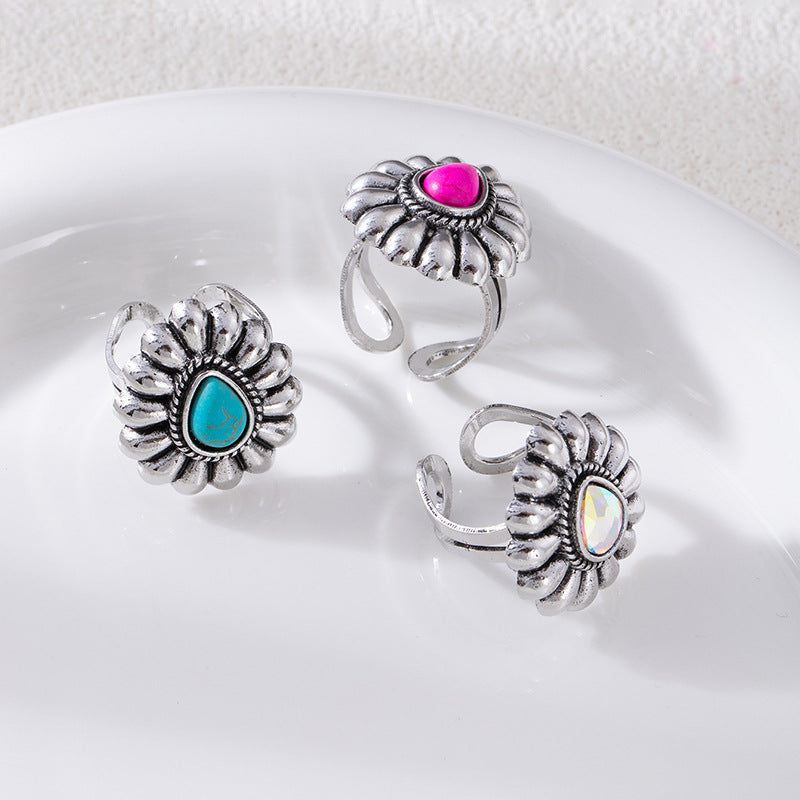 Wholesale Trendy Bohemian Flower Turquoise Drop Ring for Women,  Retro Adjustable Copper Jewelry Accessory