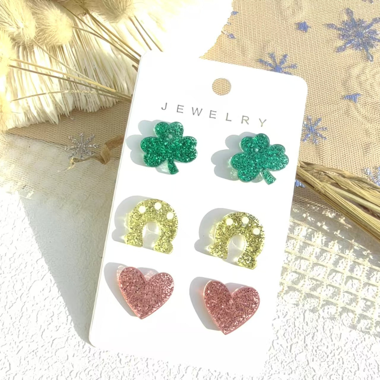 Wholesale 3pcs/set St. Patrick's Day Acrylic  Glitter Hat Shamrock  Earrings