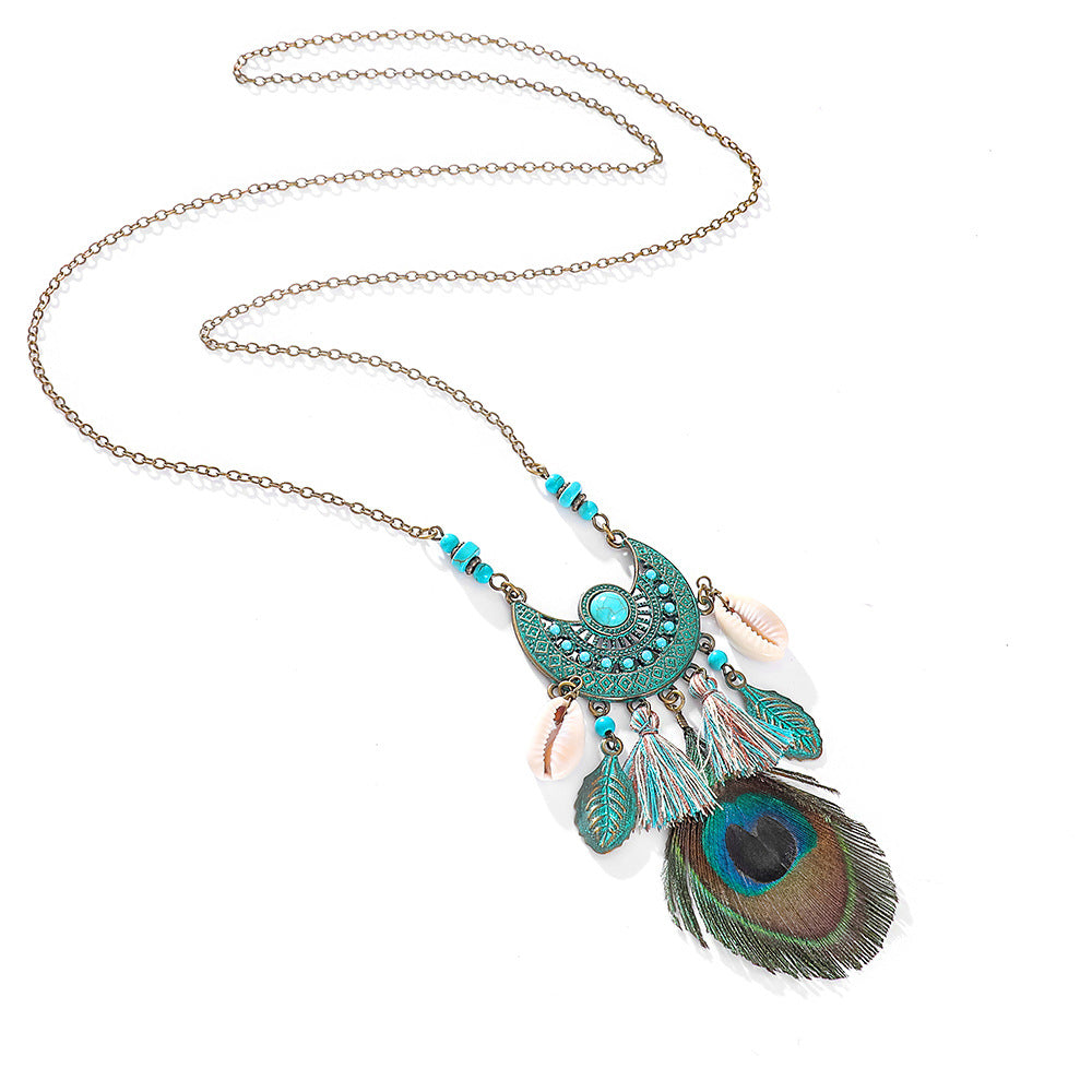 Wholesale Peacock Feather Geometric Long Necklace,  Handmade Shell Pendant Jewelry Accessory