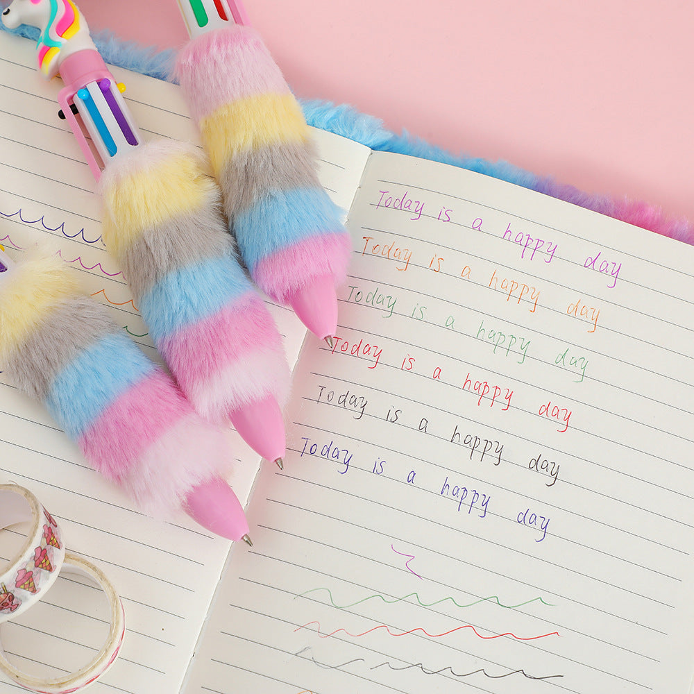 Wholesale Cartoon Unicorn Plush Ballpoint Pen Cute Six-color Push Stationery Notebook Pen ACC-PN-SuManshu001