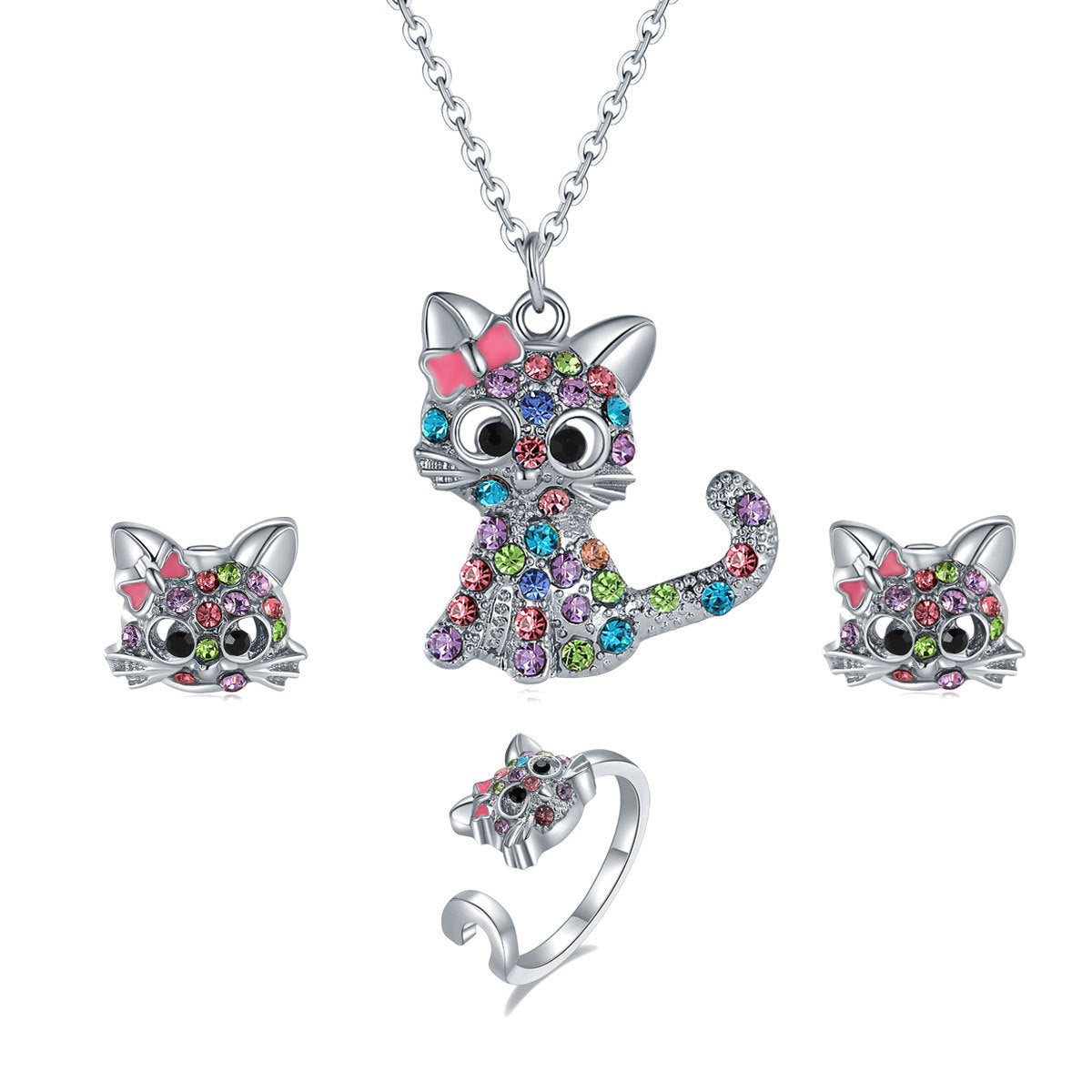 Wholesale  cartoon cat necklace earrings ring suit jewelry