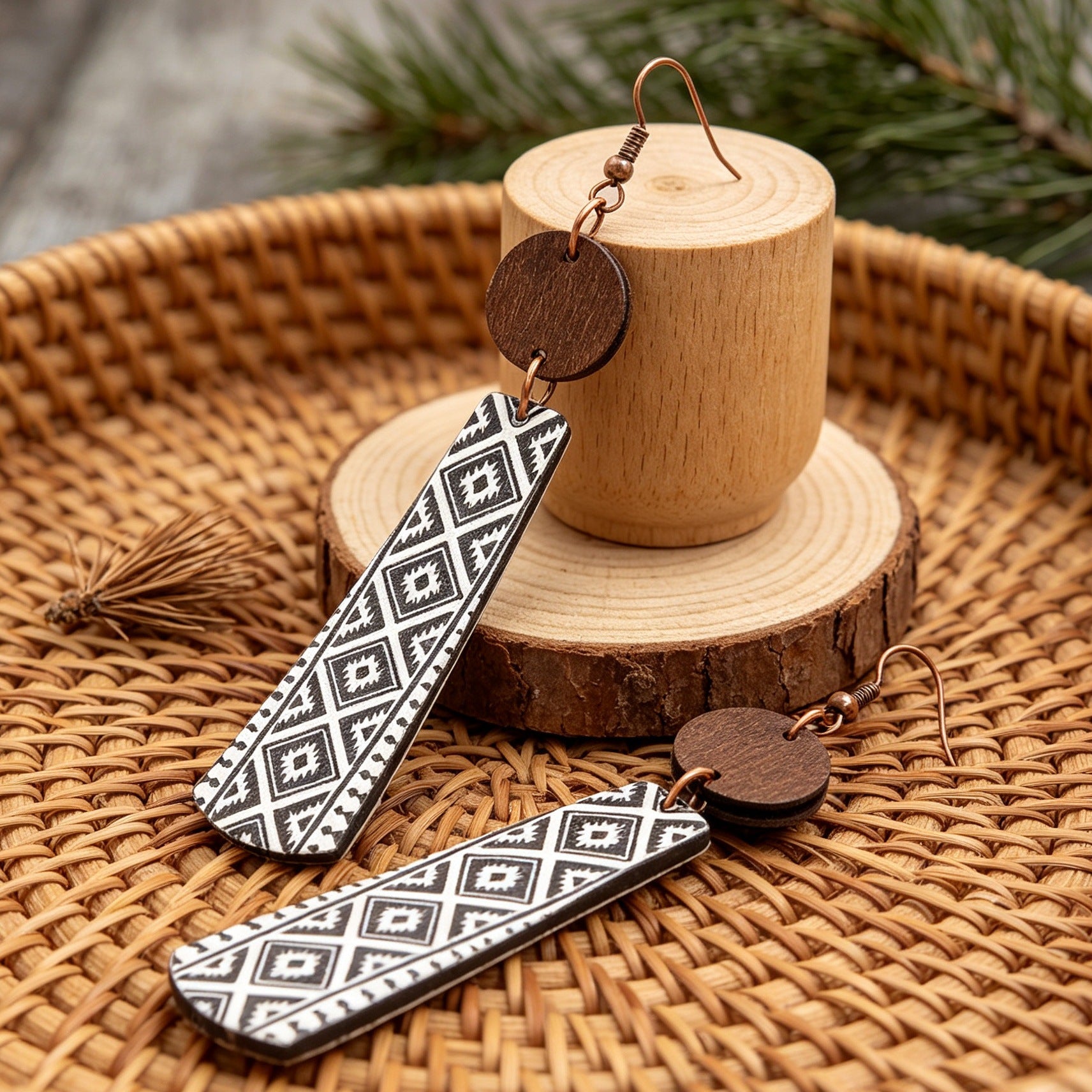 Wholesale Retro Geometric Wooden Earrings Black White Double Layer Print Jewelry Accessory For Boutique Resale