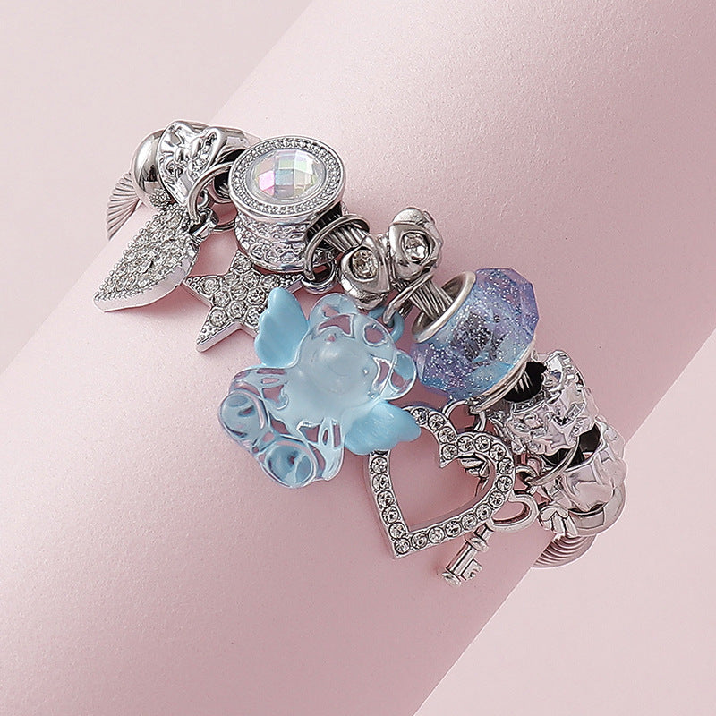 Wholesale crystal angel wings bear full diamond bow DIY open bracelet