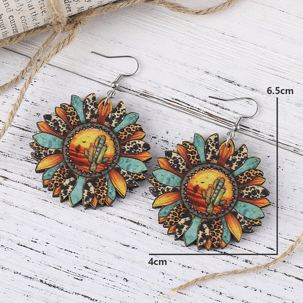Wholesale Western Style Leopard Print Sunflower Cactus Wood Earrings ACC-ES-ChuLian087