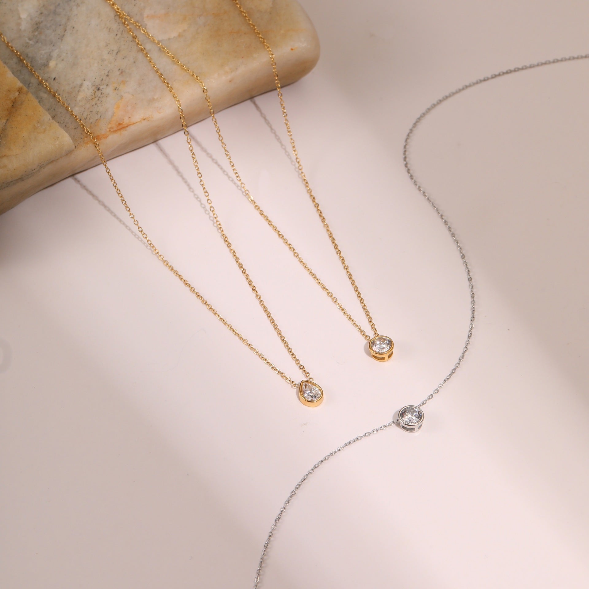 Wholesale Stainless Steel Double-Layer Clavicle Necklace with Inlaid Square and Teardrop Zirconia