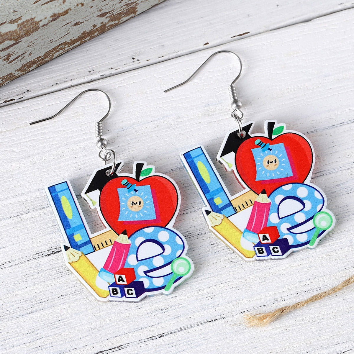 Wholesale School Season Pencil Apple Rainbow Love Ruler Pendant Earrings
