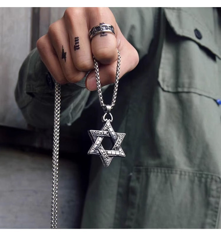 Wholesale Stylish Six Pointed Star Pendant Long Chain Necklace For Men Hip Hop Party Jewelry Accessory
