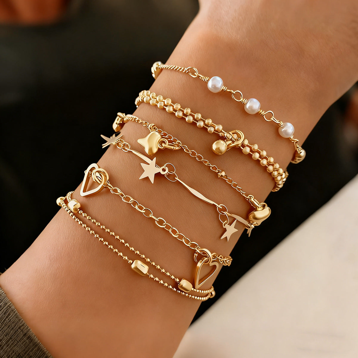 Wholesale 6-Piece Heart and Star Stacked Bracelets Set,  Stylish Jewelry Accessory for Women Boutique Resale