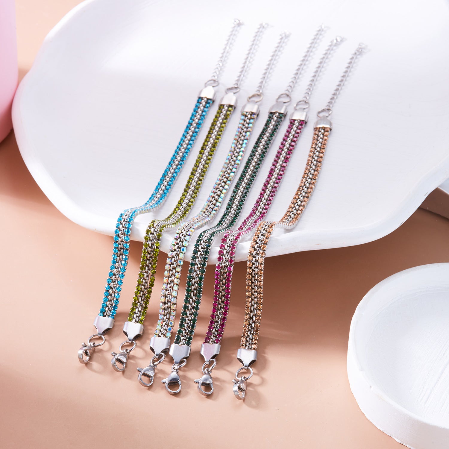 Wholesale Stainless Steel Diamond Bracelet Color Zircon Rhinestone Claw Chain