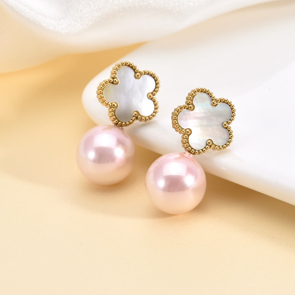 Wholesale Titanium Steel Five Leaf Flower Shell Earrings ACC-ES-QianHui004