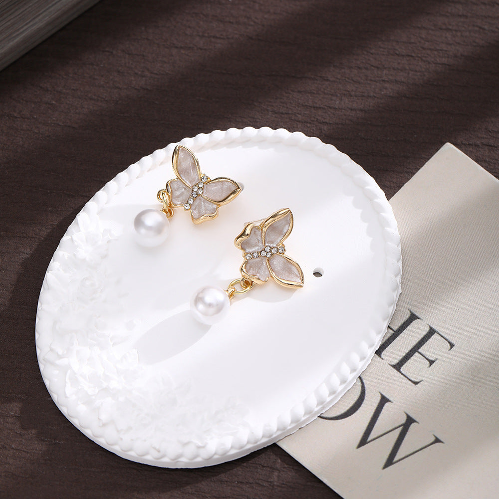 Wholesale Zircon butterfly pearl drop earrings