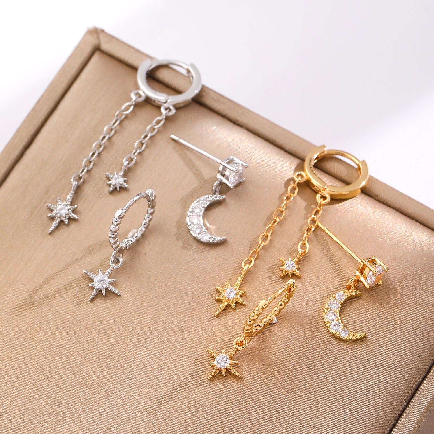 Wholesale Asymmetrical Star and Moon Earrings with Zircon Studs Blingbling Earrings Gold Plated Earrings