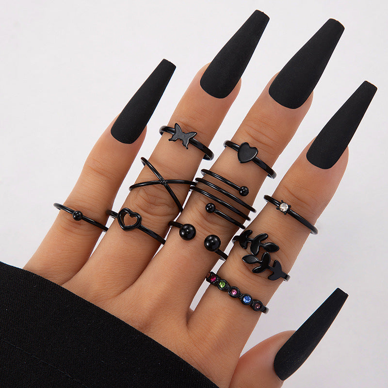 Wholesale Fashion Ring Set Spiral Stacking Black Gemstone Design Alloy Jewelry Accessory for Everyday Wear