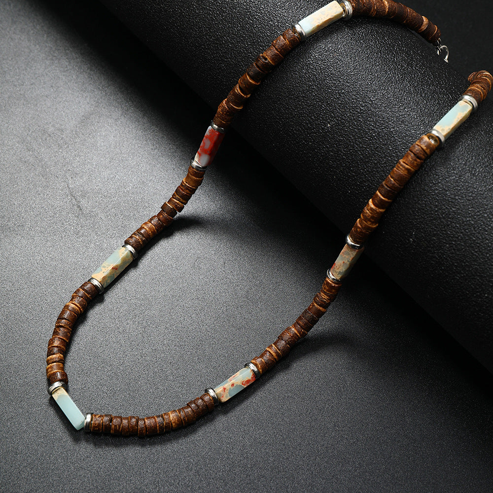 Wholesale Vintage Bohemian Summer Brown nut Shell Wood Bead Natural Stone Necklace for Men