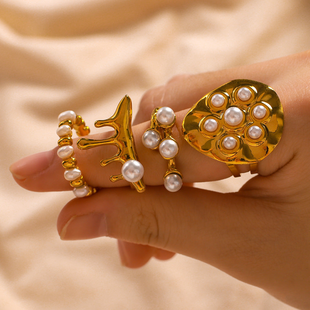 Wholesale romantic pearl asymmetric shaped water drop oval 18K gold titanium steel rings