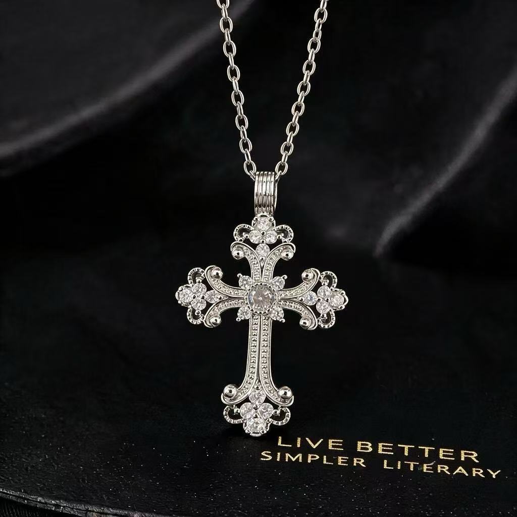 Wholesale Retro Chic Rhinestone Cross Pendant Necklace Gold Tone Copper Zircon O Chain Fashion Accessory Boutique Resale