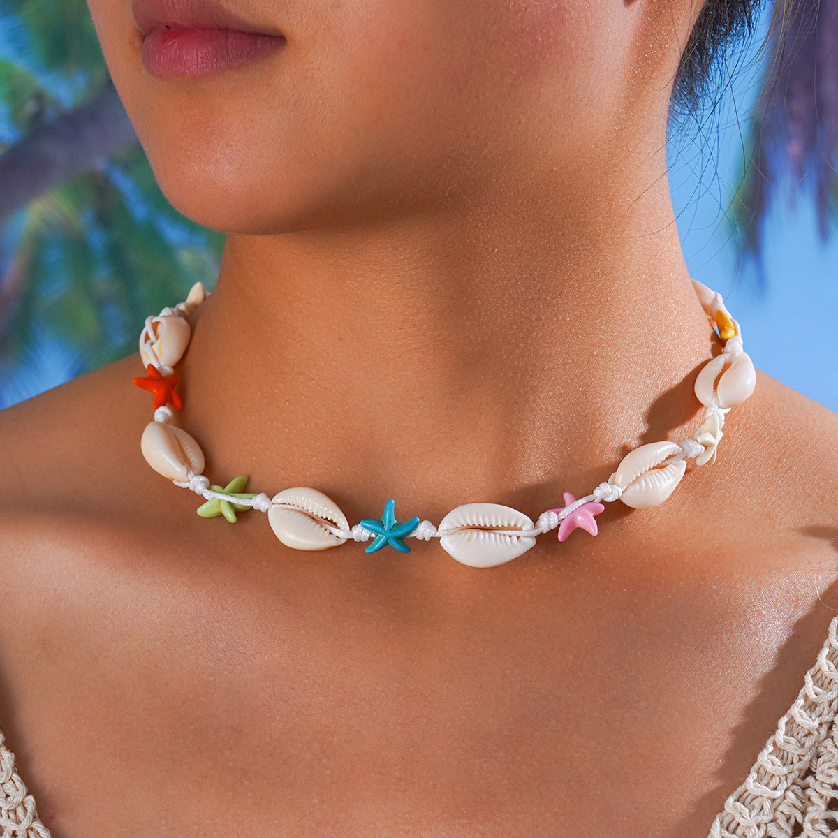 Wholesale Vintage Beach Style Shell Woven Necklace Starfish Imitation Turquoise Pendant Gift