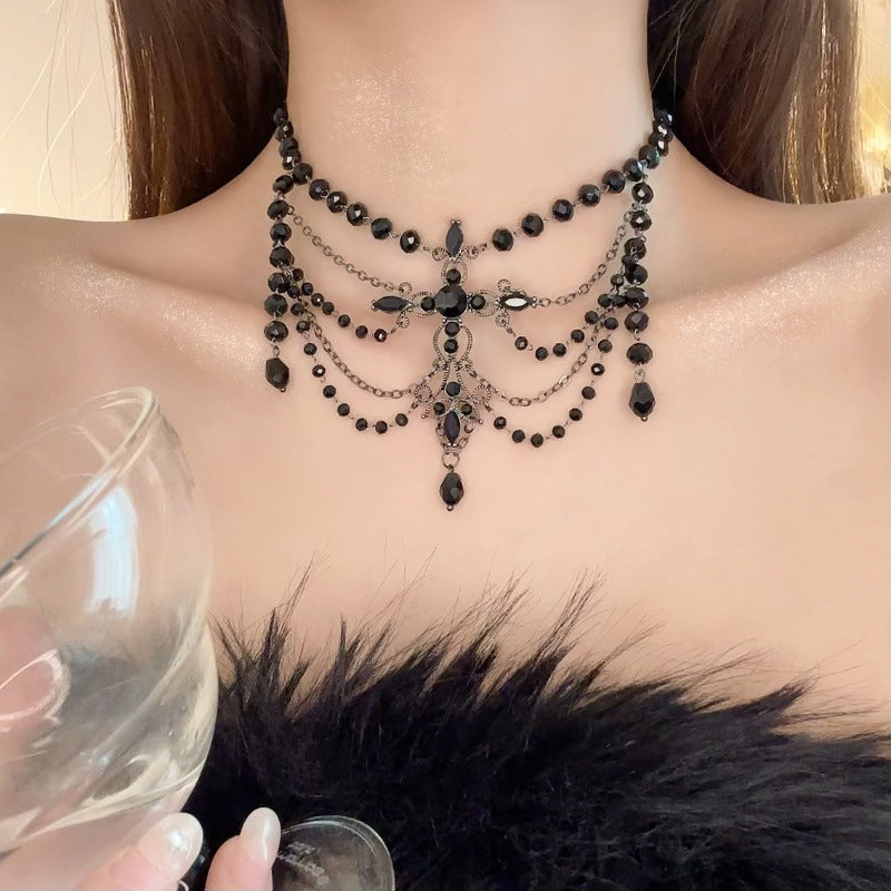 Wholesale Multi-layer Black Crystal Beaded Hollow Baroque Necklace