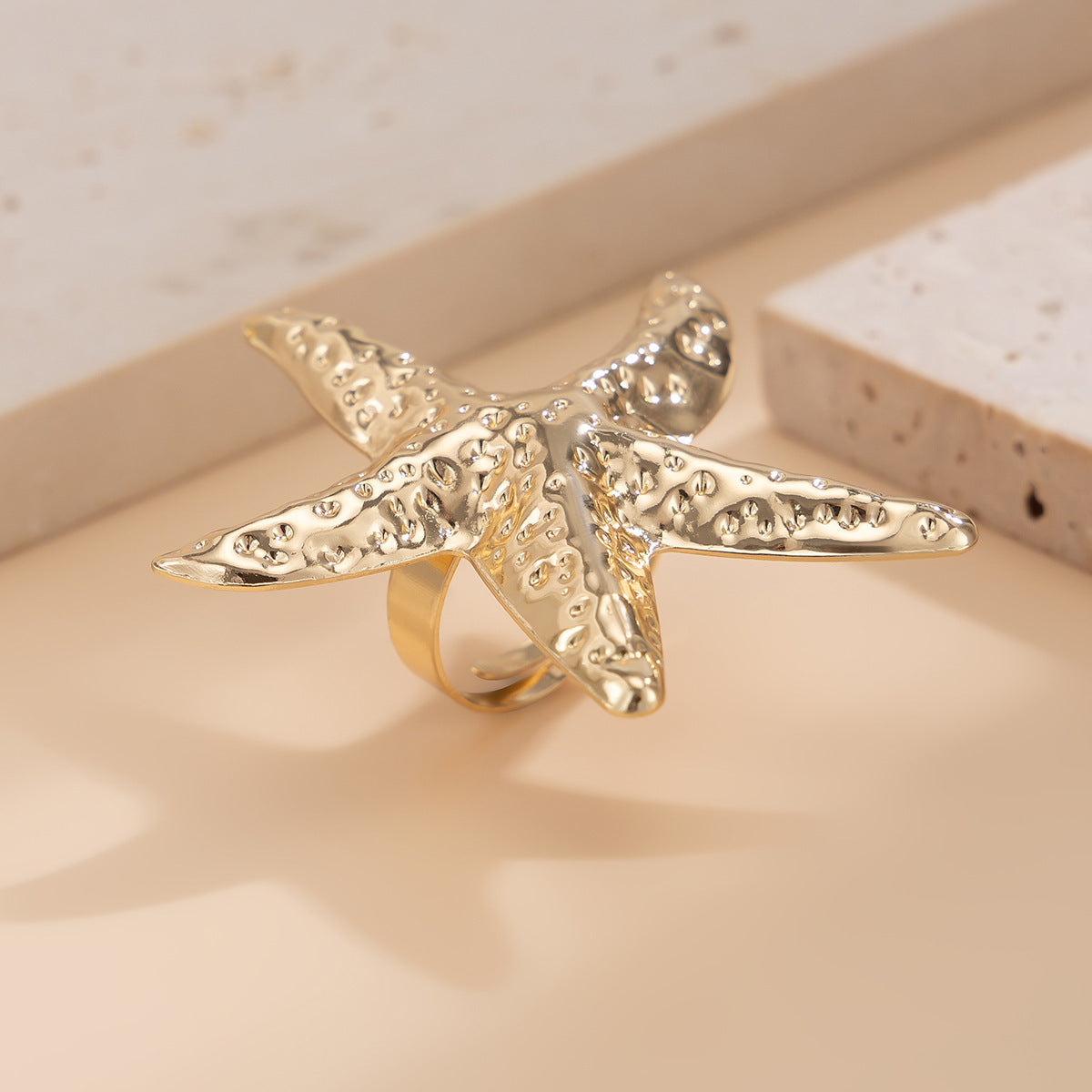 Wholesale Metal Starfish Exaggerated Pearl Conch Adjustable Ring