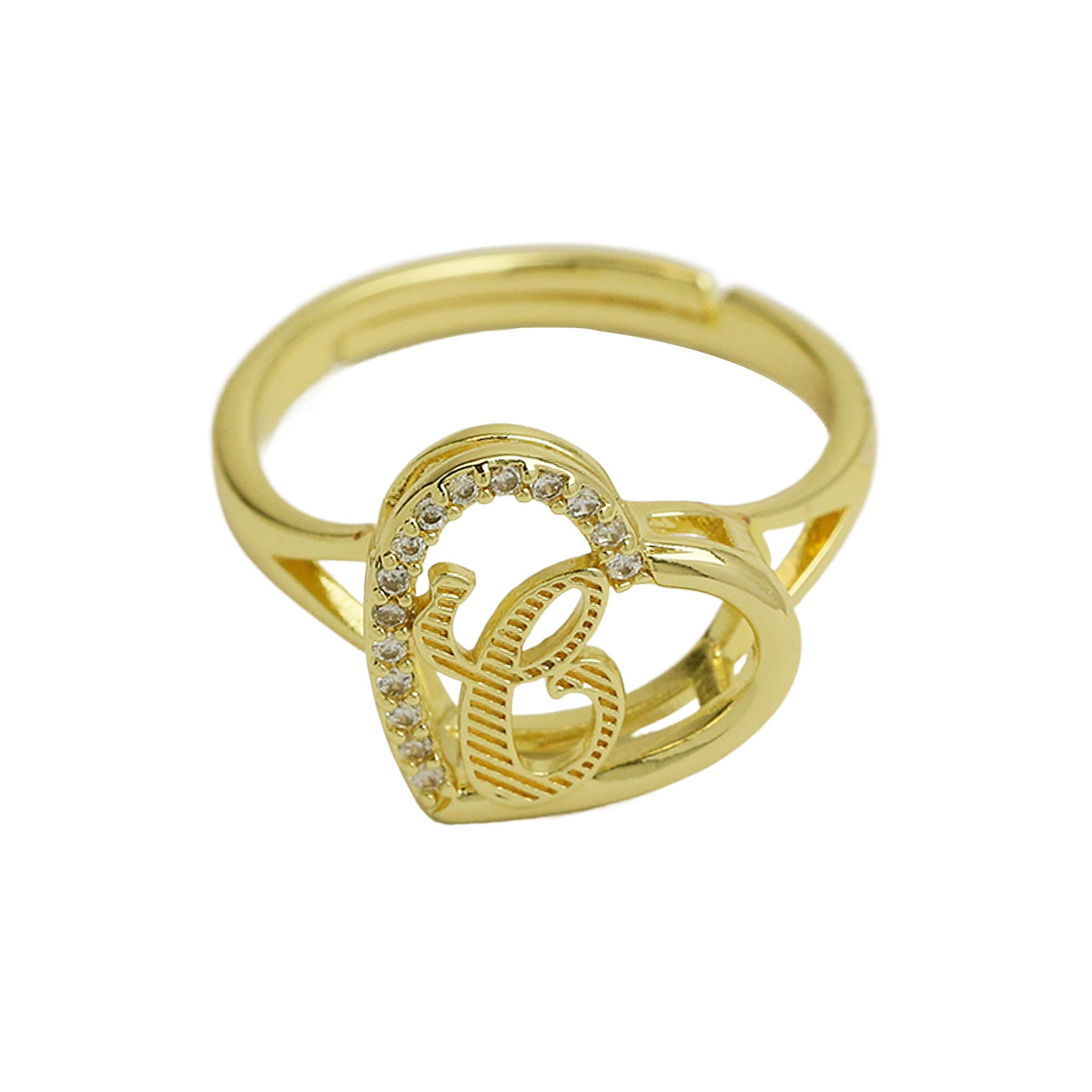 Wholesale  white gold heart-shaped love texture hollow 26 grass English letters open heart ring