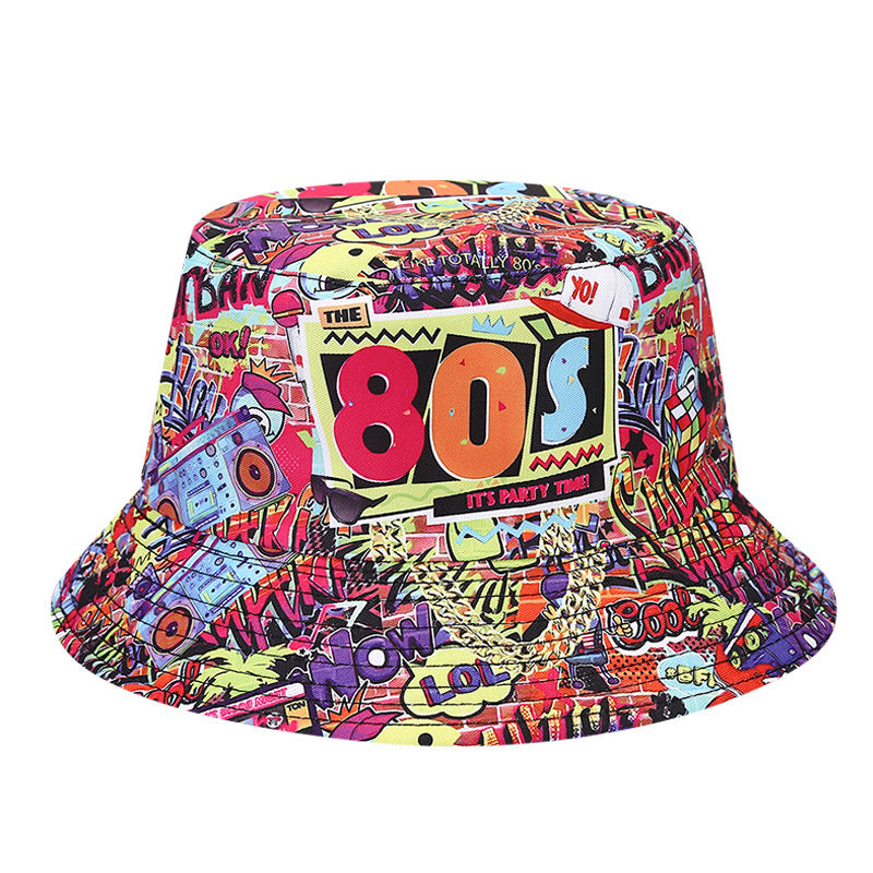Wholesale  retro printed 80s 90s fisherman hat  double-sided basin hat outdoor bucket hat