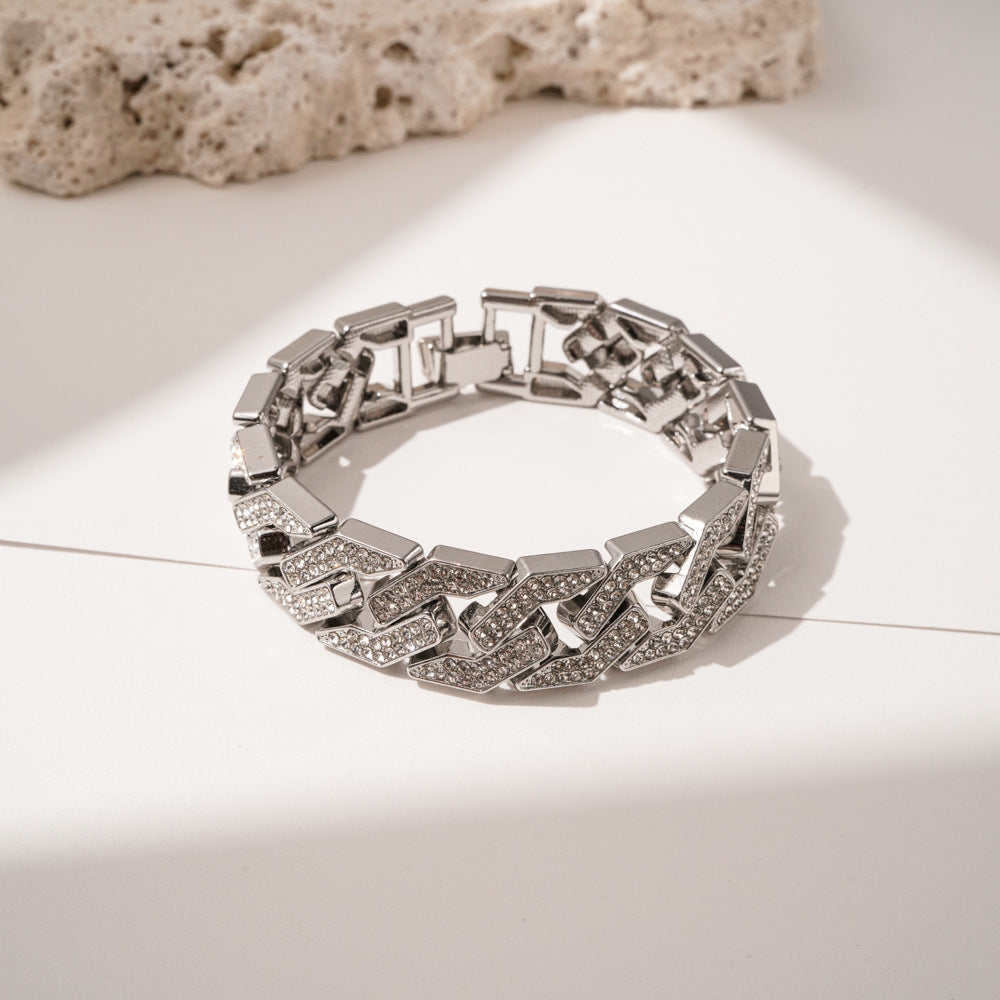 Wholesale Stylish Silver Alloy Cuban Bracelet With Rhinestones Unisex Hip Hop Jewelry Accessory Boutique Resale Gift