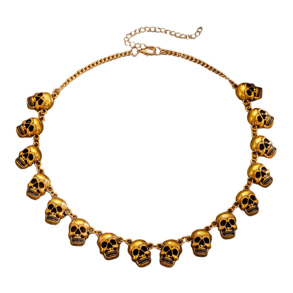 Wholesale Gothic Skeleton Skull Tassel Pendant Choker Necklace,  Antique Gold,  Zinc Alloy,  Fashion Accessory for Resale