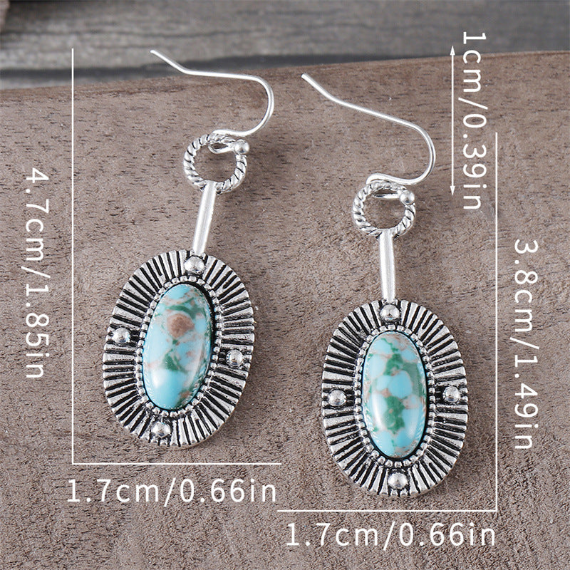 Wholesale Retro Court Style Inlaid Textured Turquoise Oval Earrings