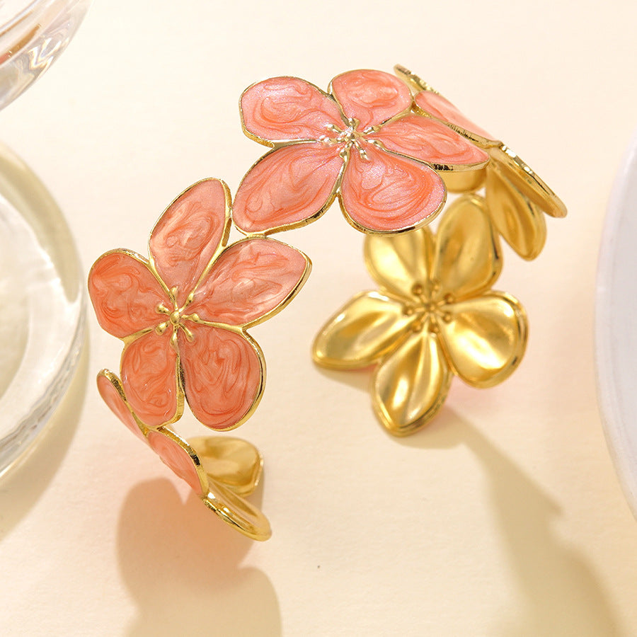 Wholesale Dripping Oil Flower Stainless Steel C-Shape Open Bracelet Fashion Jewelry Accessory
