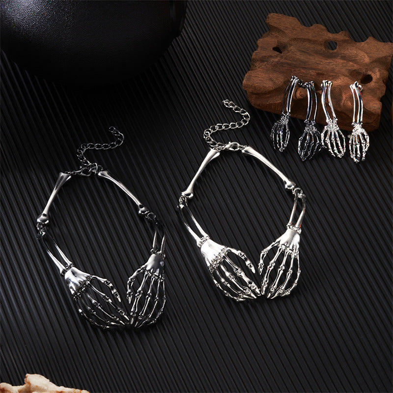 Wholesale  Dark Retro Bone Ghost Hand Necklace Earring Set