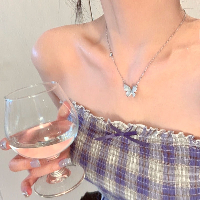 Wholesale  Titanium Steel Blue Butterfly Necklace Accessories