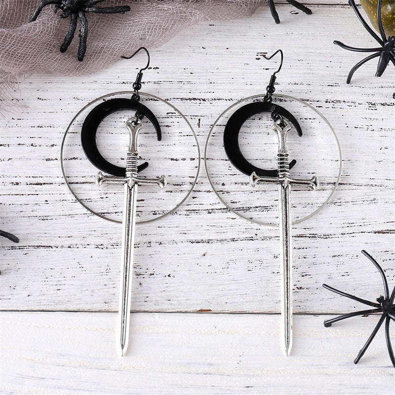 Wholesale Gothic Silver Circle Black Moon Sword Earrings