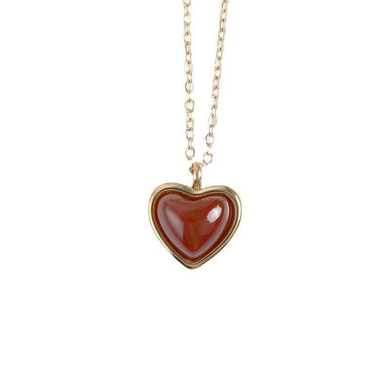 Wholesale Titanium Steel Natural Stone Red Agate Pendant Necklace Heart-Shaped Necklace Earrings