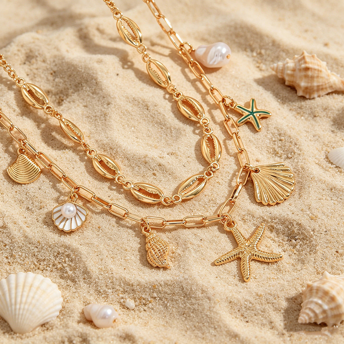 Wholesale Starfish Shell Pendant Layering Necklace,  Trendy Fashion Accessory for Summer Beach Style Boutique Resale