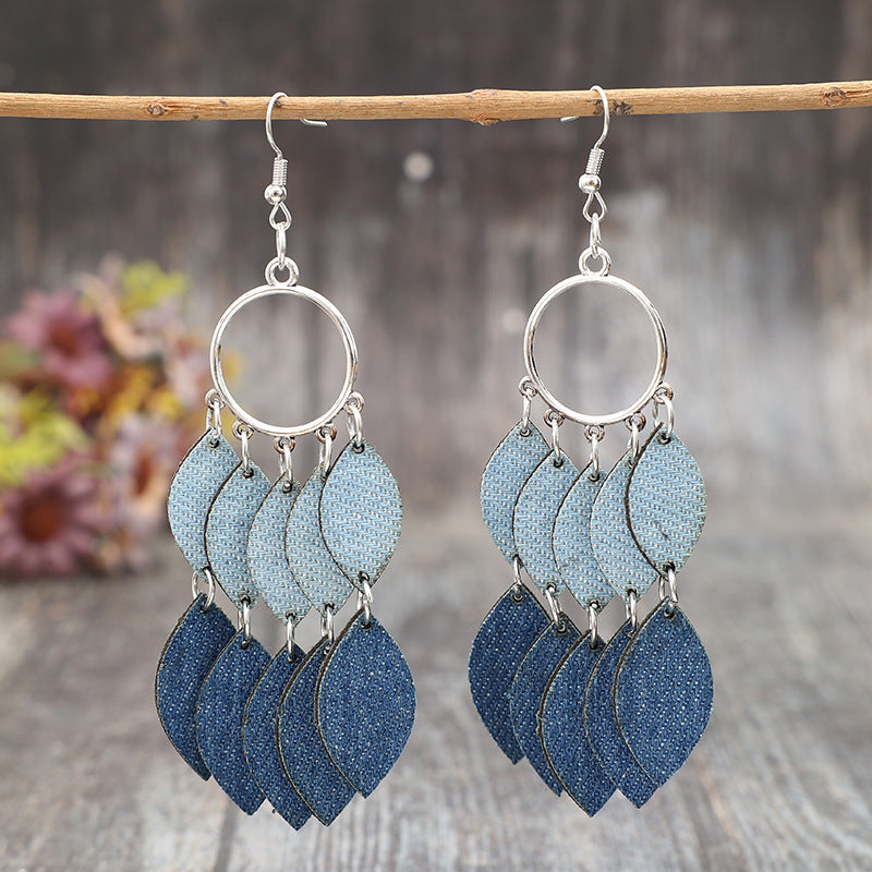 Wholesale PU Leather Leaf Tassel Earrings Retro Denim Light Blue Jewelry Accessory
