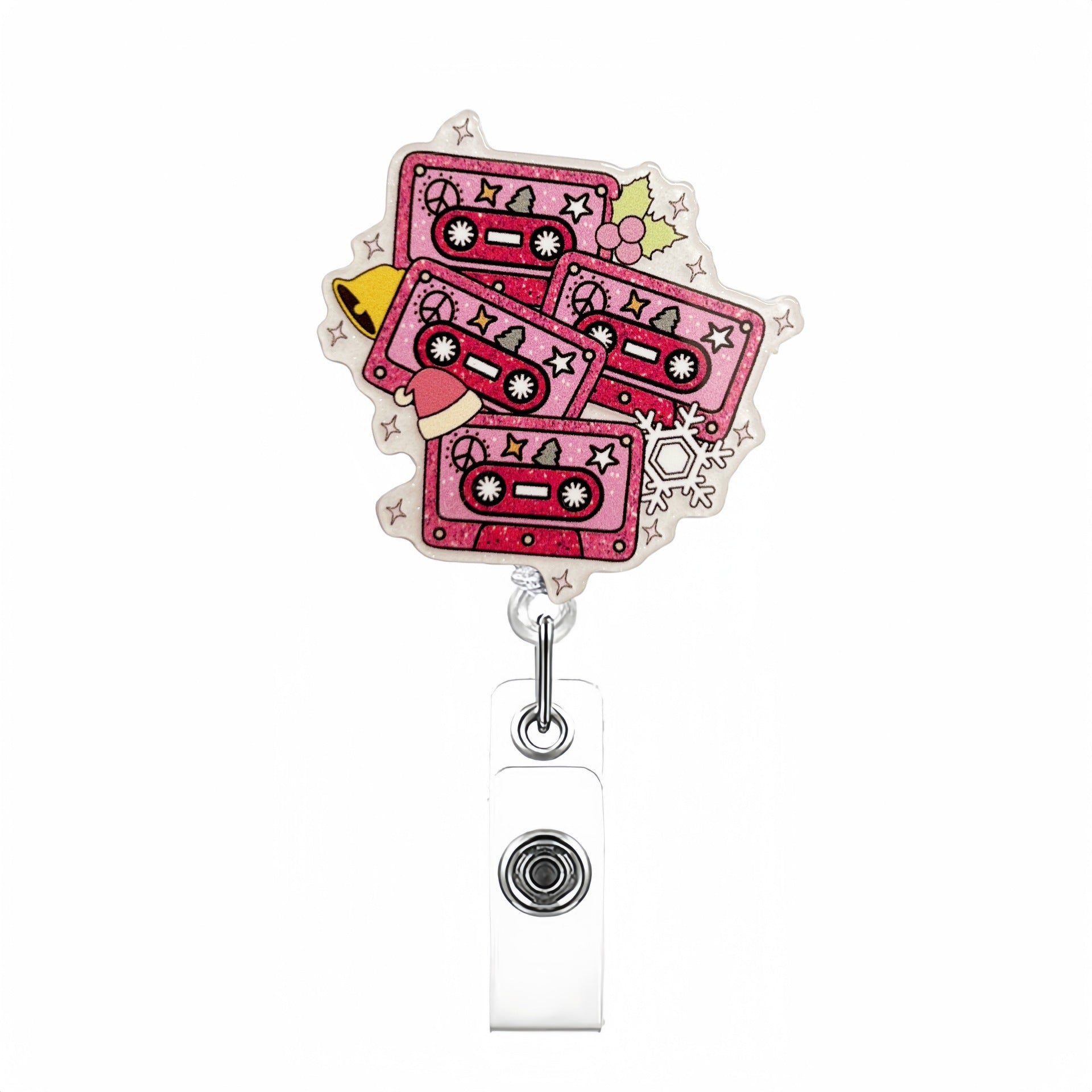 Wholesale Acrylic Pink Christmas Retractable Rotating Badge Keychain