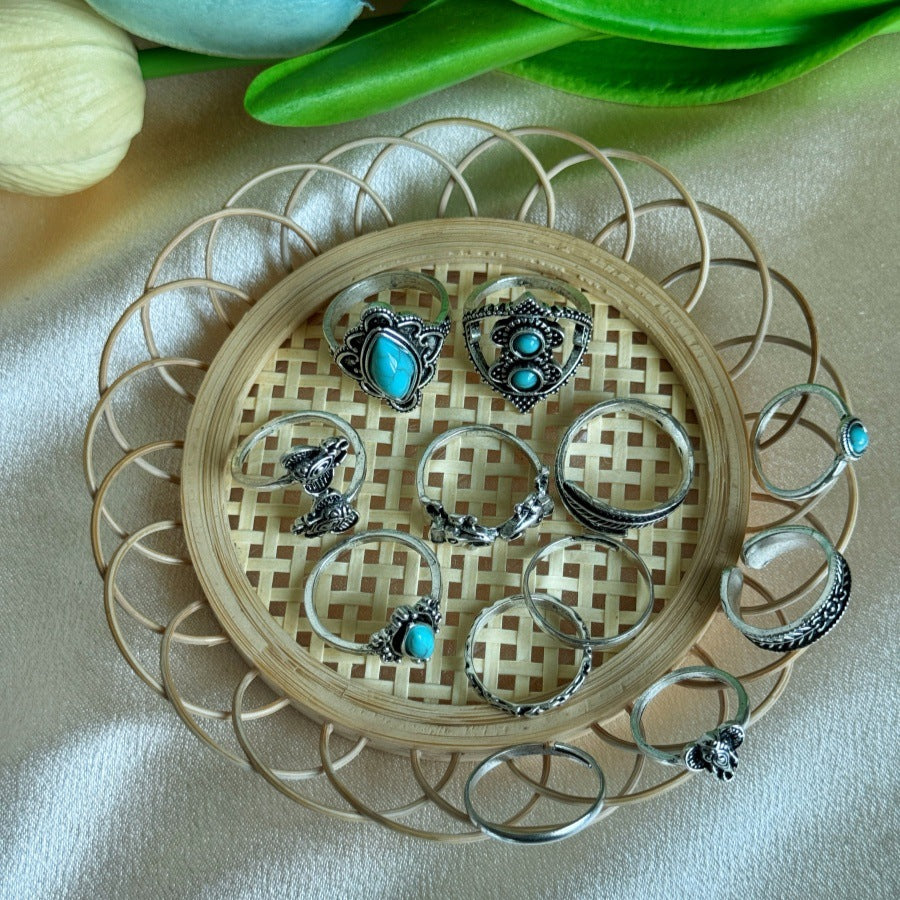 Wholesale Bohemian Style Light Luxury Elephant Feather Carved Cold Style Finger Ring Set