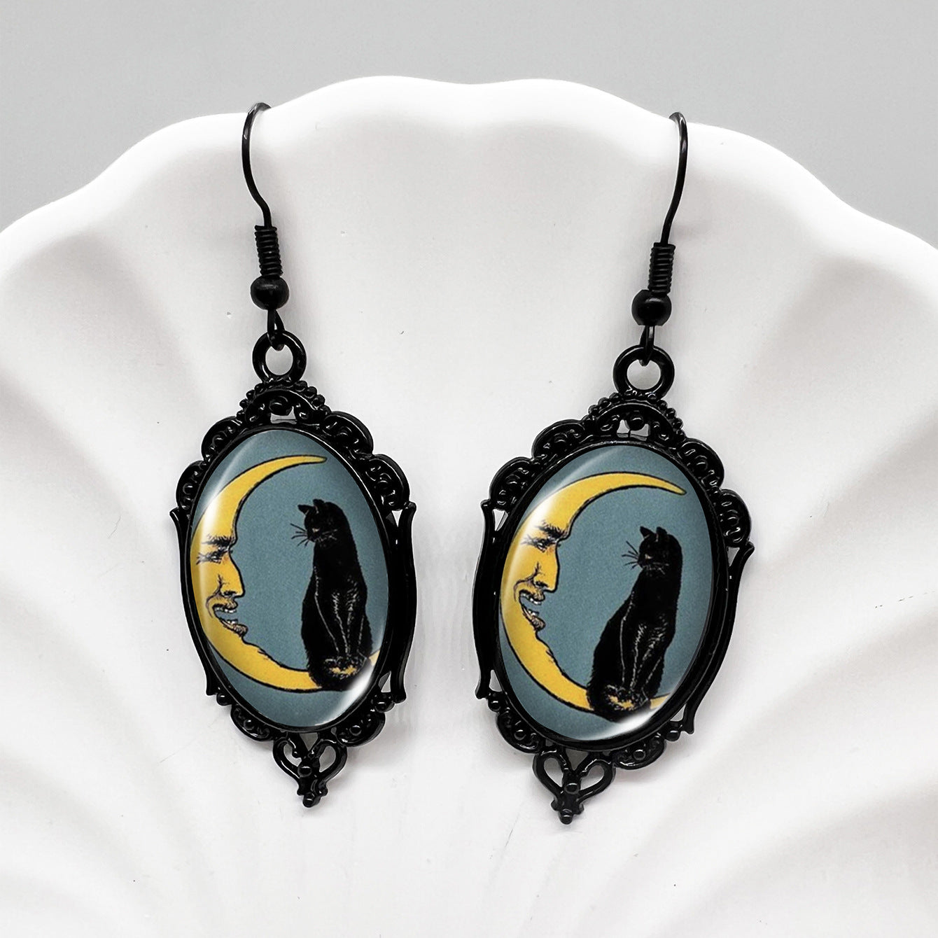 Wholesale Black Crow Skull Oval Lace Earrings