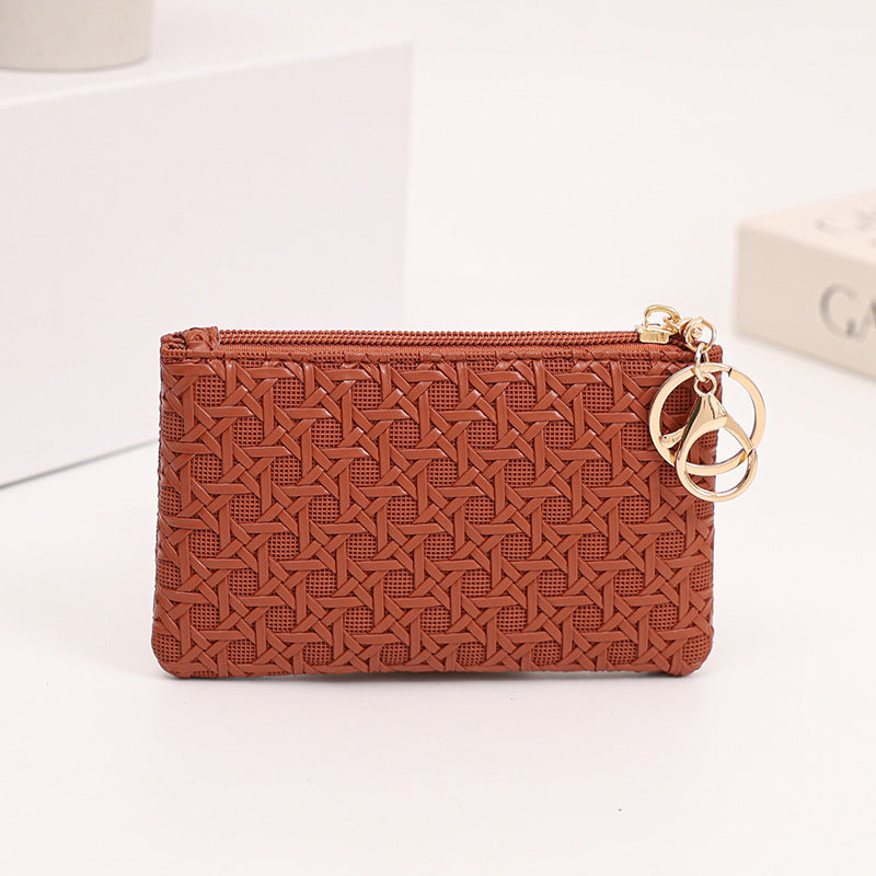 Wholesale Trendy Woven Coin Purse For Women PU Leather Solid Black Keychain Wallet Fashion Accessory